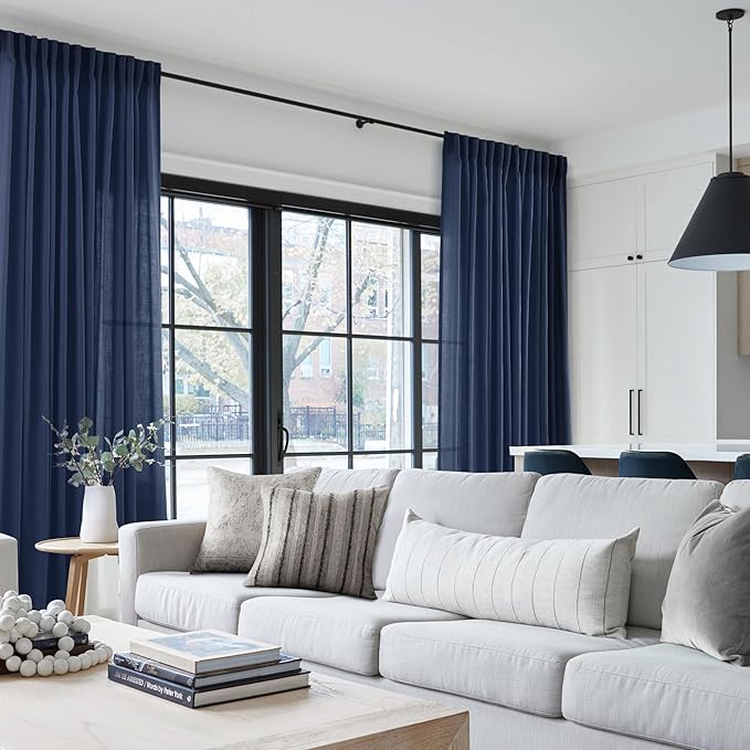 Navy Blue Curtains 86 inch Length for Bedroom Back Tab Light Filtering Semi Sheer Blue Living Room Curtains Linen Cotton Textured Indigo Blue Drapery Panel Modern Farmhouse Aesthetic Decor Dark Blue