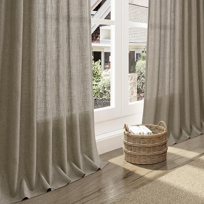 Mocha Linen Curtains 96 Inches Long for Living Room Rod Back Tab Vintage Rustic Farmhouse Light Filtering Curtain Burlap Textured Linen Drapes 96 Inch Length for Dinning Room Bedroom 52x96 8 FT