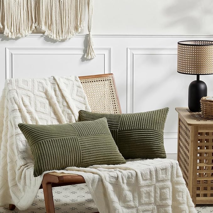 Fancy Homi 2 Packs Olive Green Lumbar Decorative Throw Pillow Covers 16x28 Inch for Living Room Couch Bed, Farmhouse Boho Home Decor, Soft Striped Corduroy Rectangle Accent Cushion Case 40x70 cm