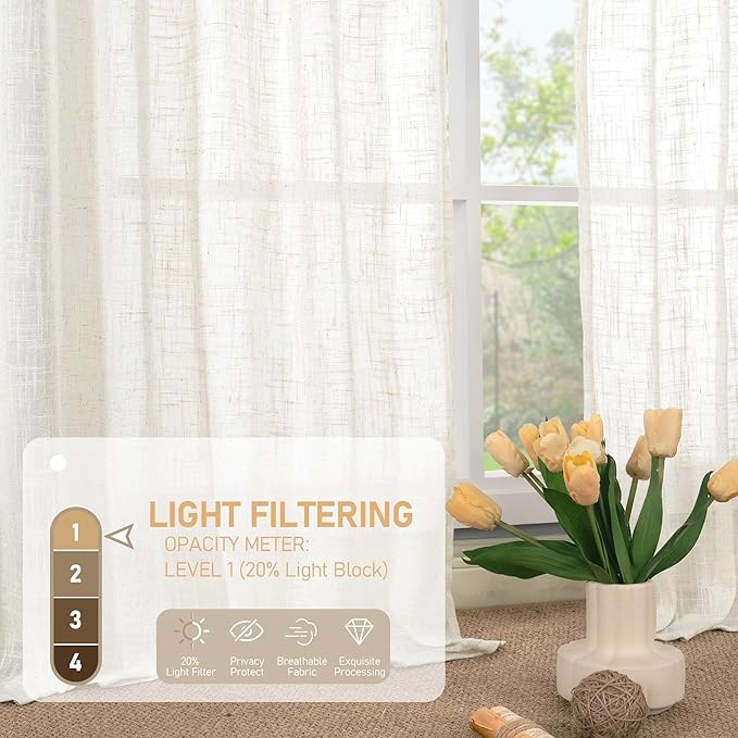 LAMIT Cream Linen Boho Curtains 84 inch Length 2 Panels, Light Filtering Semi Sheer Panels Back Tab and Rod Pocket Neutral Drapes for Bedroom/Living Room, 34 x 84 Inch
