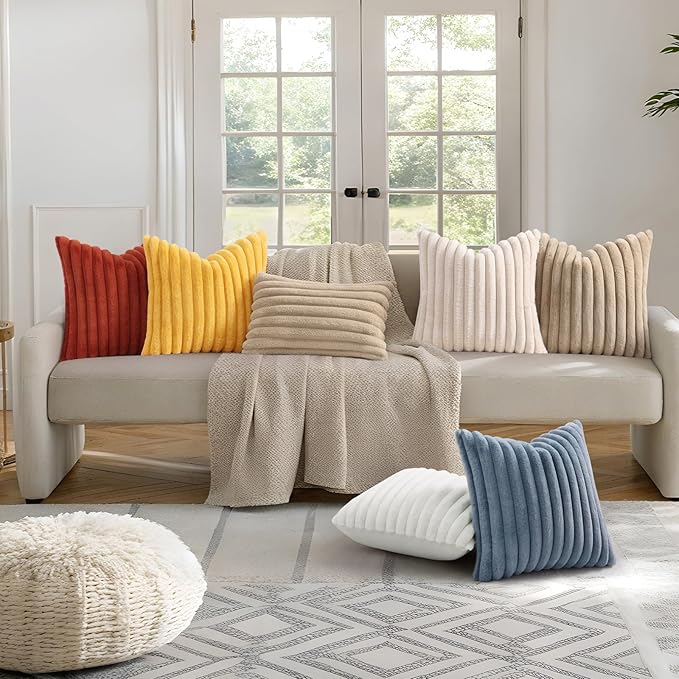decorUhome Cozy Faux Fur Throw Pillow Covers 26x26 Set of 2 Decorative Soft Plush Striped Modern Farmhouse Boho Couch Euro Sham Pillow Cases with Velvet Back for Sofa Bed Living Room, Khaki Brown