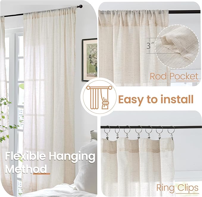 BGment Long Linen Curtains 102 Inch Length for Living Room, Oatmeal Window Drapes for Bedroom Farmhosue Decor with Rod Pocket Leightweight Rustic Country Textured, 2 Panels Set, Each 52 Inch Wide