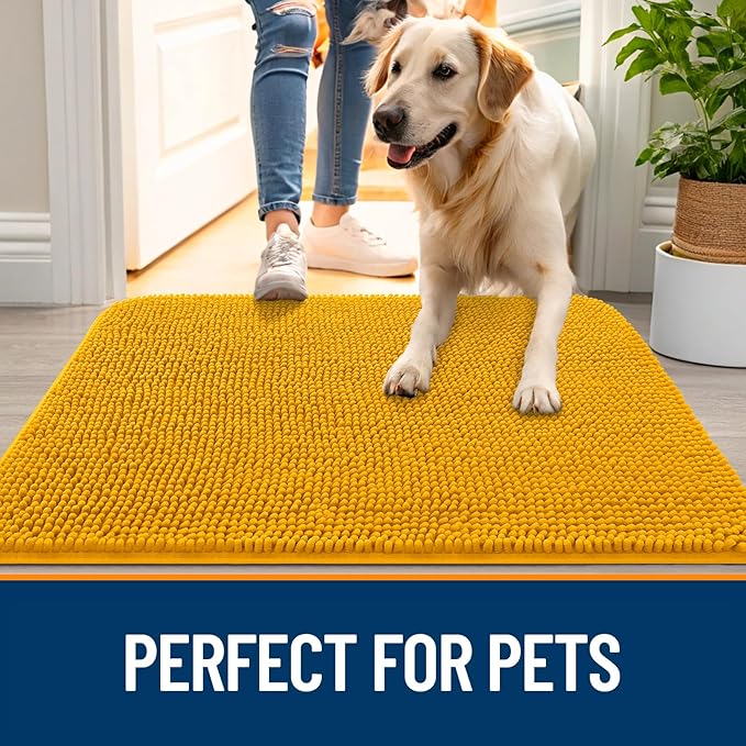 OLANLY Dog Door Mat for Muddy Paws 45x27, Absorbs Moisture and Dirt, Absorbent Non-Slip Washable Doormat, Quick Dry Chenille Mud Mat, Entry Indoor Entryway Carpet for Inside Floor, Golden Yellow