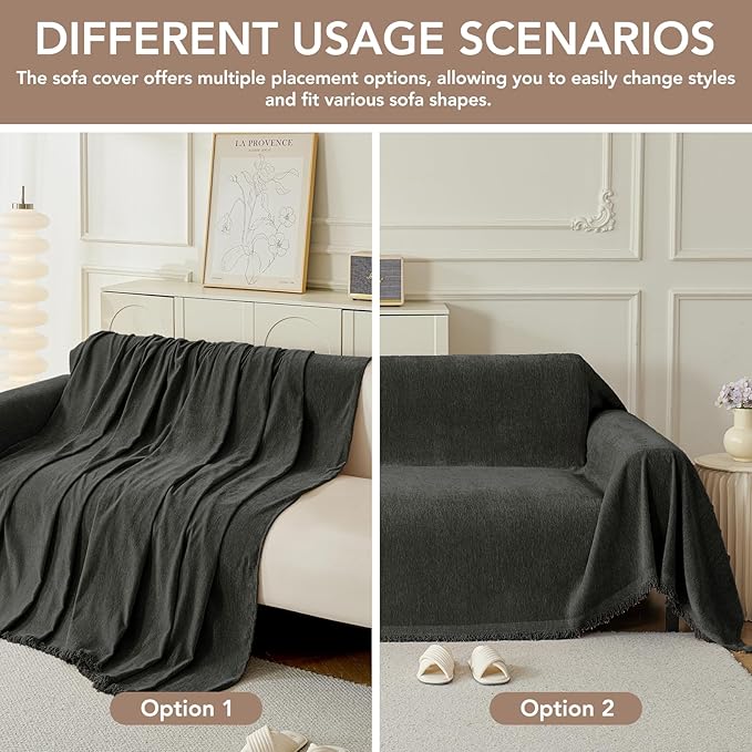 Couch Cover for Dogs, Boho Sofa Covers for 3 Cushion Couch, Chenille Sofa Slipcover for Pets Washable, L-Shape Sectional Couch Cover Soft Throw Blankets with Tassels(91x134,Charcoal Grey)