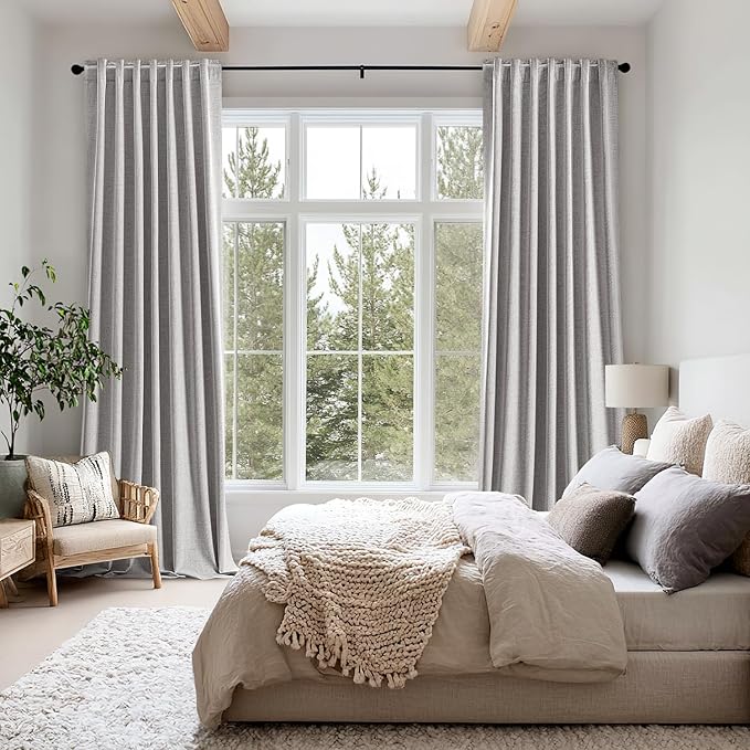 MIULEE 100% Blackout Linen Curtains for Bedroom, Greyish White Solid Luxury Decor Thermal Insulation Room Darkening Drapes for Living Room Nursery Back Tab Rod Pocket 42 x 84 Inches, 2 Panels