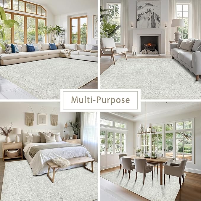 Washable Rugs 6x9 Area Rugs for Living Room,Bedroom,Large Carpets,Ultra Soft Faux Wool Retro Dining Room Rug,Non Slip&Non-Shedding Low Pile Vintage Rugs for Home Office,Concrete Grey
