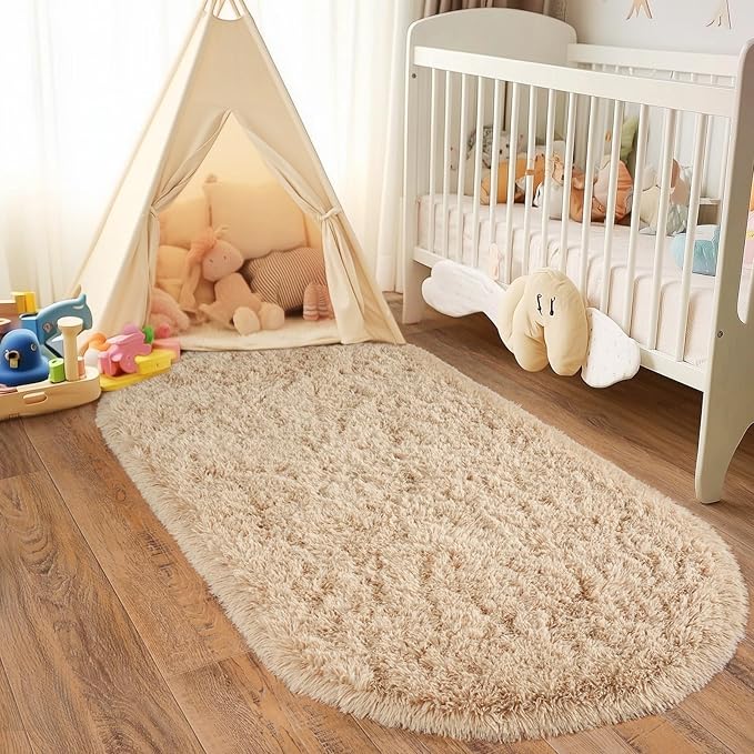 Pionblank Fluffy Area Rug for Bedroom 2.6'x5.3', Shag Oval Rug for Bedside, Ultra Soft Cute Plush Carpet for Living Room Kids Girls Boys Room Nursery Teens Dorm Home Decor, Camel