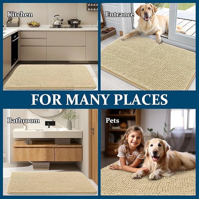 OLANLY Dog Door Mat for Muddy Paws 35x24, Absorbs Moisture and Dirt, Absorbent Non-Slip Washable Doormat, Quick Dry Chenille Mud Mat for Dogs, Entry Indoor Entryway Carpet for Inside Floor, Sand