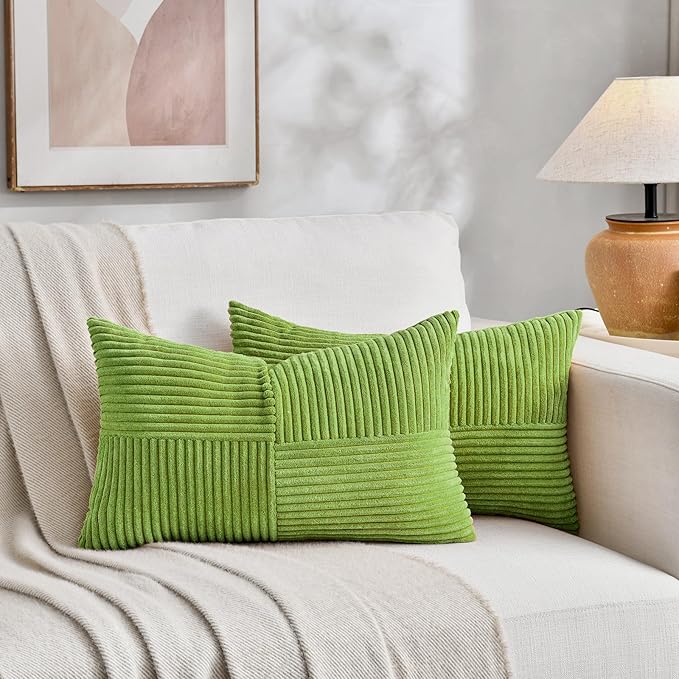 Fancy Homi Set of 2 Lime Green Lumbar Decorative Throw Pillow Covers 12x20 Inch for Living Room Bedroom Couch Bed Sofa, Soft Striped Corduroy Modern Rectangle Accent Cushion Case 30x50 cm