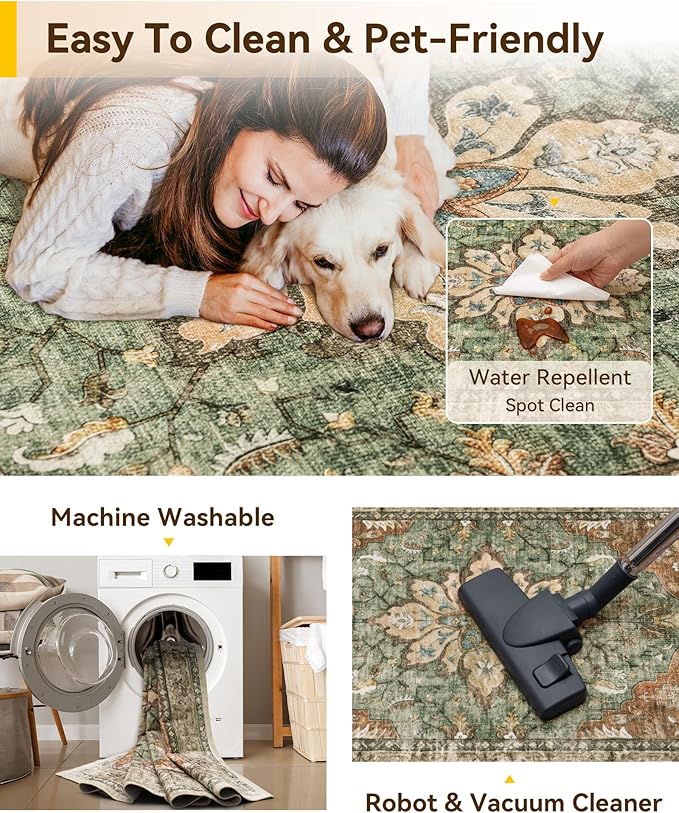 RELEANY Area Rugs 7'x9' Washable Non-Slip, Floral Vintage Distress Print Pattern Medallion Carpet for Living Room Bedroom Dining Room, Brick Red Rust Neutral Brown Burnt Orange Green