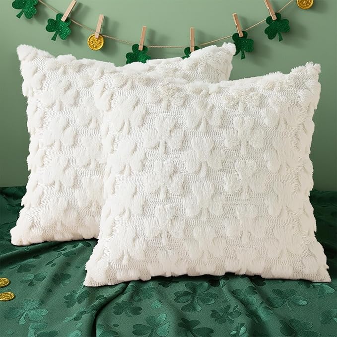 decorUhome St. Patrick’s Day Shamrock Pillow Covers 16x16 Inch Set of 2, Soft Plush Faux Wool Cream White Throw Pillow Covers, Farmhouse Spring Holiday Decor for Sofa Living Room