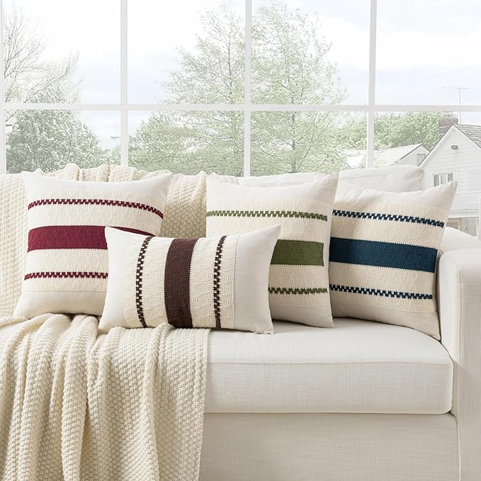 Fancy Homi Set of 1 Burgundy Boho Long Lumbar Decorative Throw Pillow Cover 12x20 Inch for Couch Bed Sofa, Aesthetic Modern Farmhouse Christmas Room Decor, Soft Cotton Cute Wind Red Cushion Case