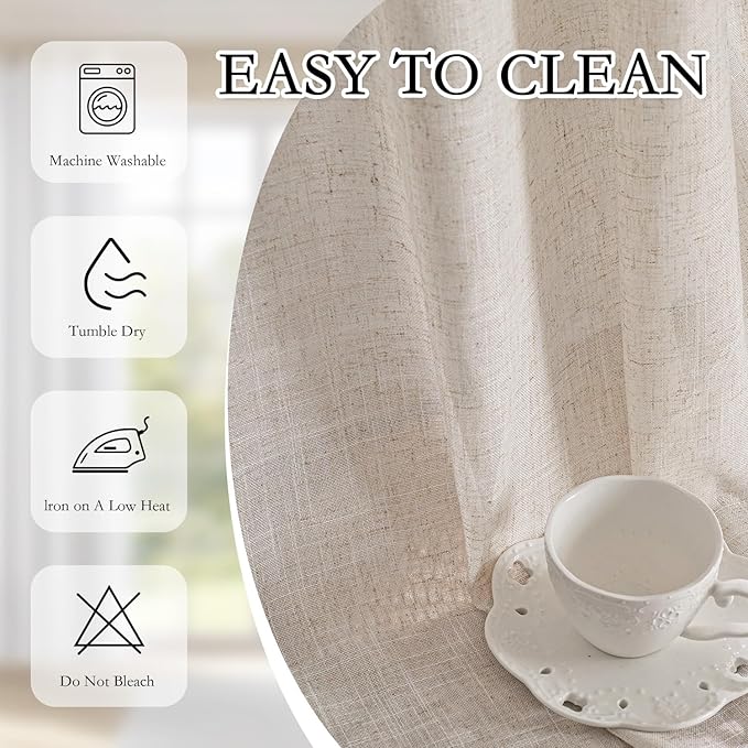 MYSKY HOME Natural Linen Sheer Curtains 63 Inch Length for Bedroom, Window Curtain Panels Light Filtering Privacy Drapes Set, Boho Farmhouse Style Texture Soft Touch, 50" x 63", Linen, 2 Panels