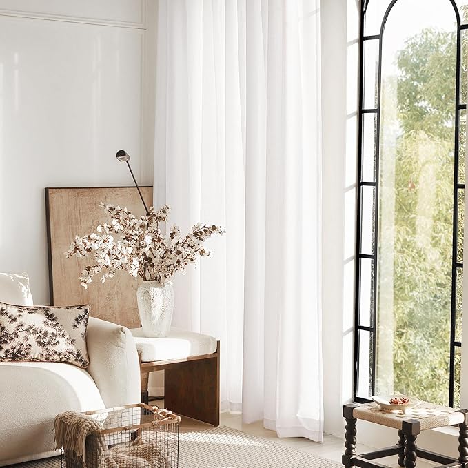 White Linen Curtains 72 inch Long 2 Panel Set for Living Room Back Tab Semi Sheer Light Filtering Bedroom Window Curtain 72 inch Length Cotton Textured Modern Elegant Coastal Drapes 42x72