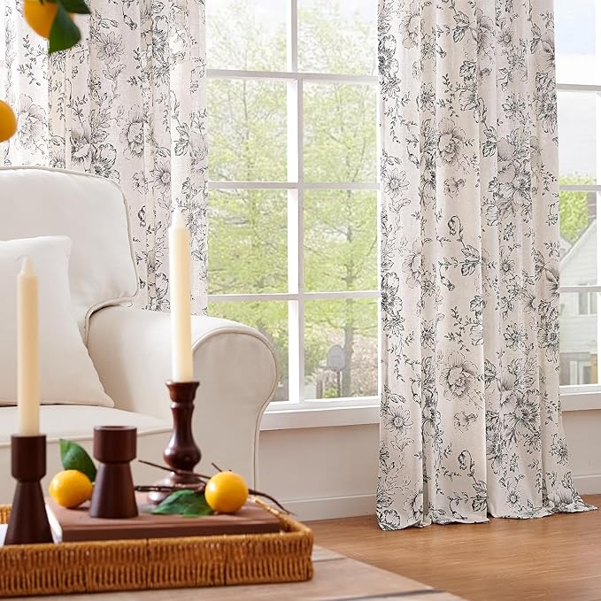 jinchan Linen Blend Curtain Floral Curtains for Living Room 72 Inch Length Black Printed Curtain Rod Pocket Back Tab Farmhouse Peony Flower Patterned Drapes Bedroom Window Curtains Set 2 Panels