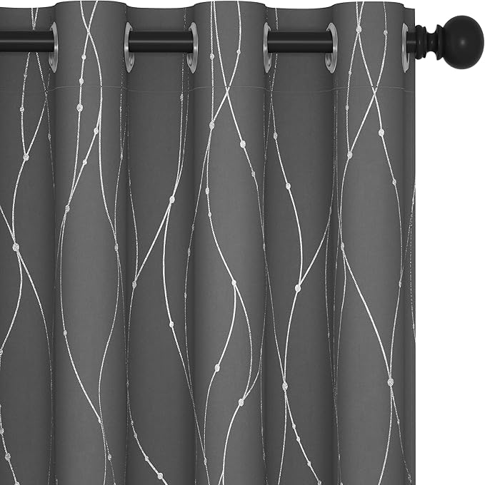 Deconovo Blackout Curtains 108 Inches Long, Grey Blackout Curtain with Silver Wave Dots Print Pattern, Thermal Insulated Soundproof Drapes for Sliding Glass Door Patio Living Room Bedroom, Set of 2