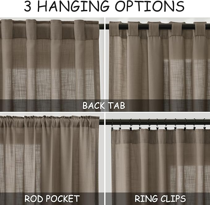 Extra Long Curtains 2 Panels 102 Inches Long for Living Room Dark Taupe Back Tab Rod Pocket Light Filtering Semi Sheer Drapes Cotton Linen Textured Window Curtain 102 Inch Length for Bedroom 9 FT