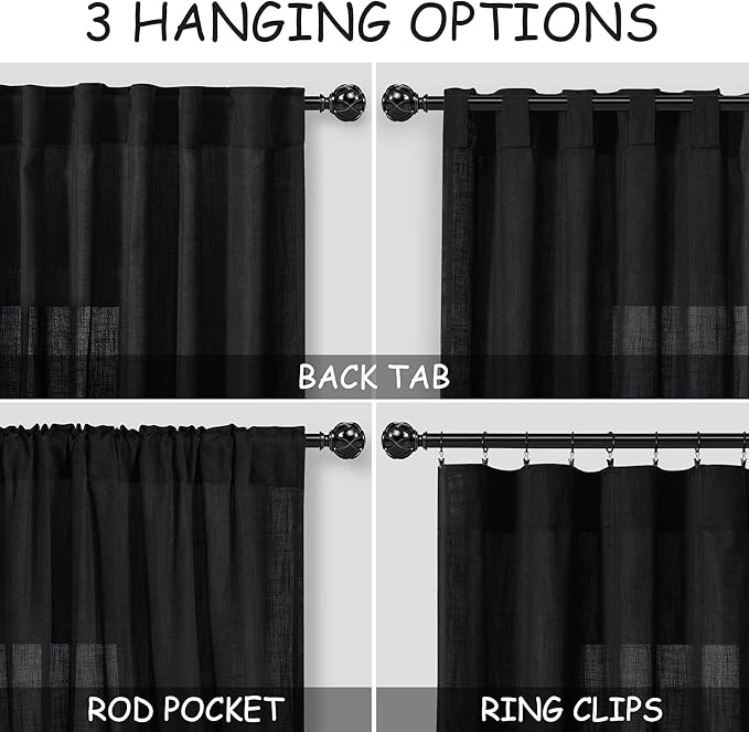Nanspring Black Short Kitchen Linen Curtains 30 Inch Length Kitchen, Semi Sheer Linen Blend Cafe Curtains Back Tab and Rod Pocket Basement Drapes,2 Panels 30 x 30 Inch