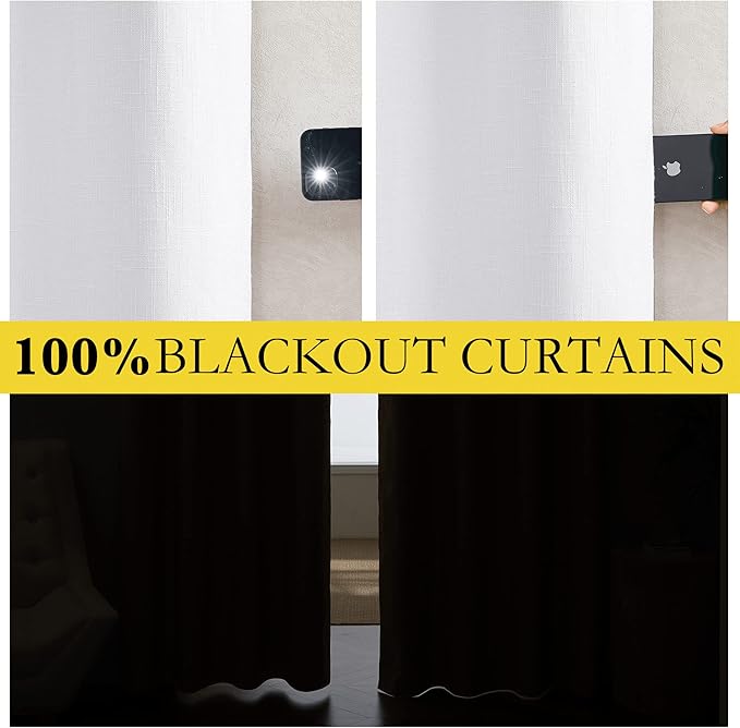 NICETOWN 100% Absolutely Blackout Linen Curtains with Thermal Insulated White Liner, White, 52 inches Wide, 90 inches Length Energy Saving Curtains for Living Room 2 Panels Set, Vertical Blinds