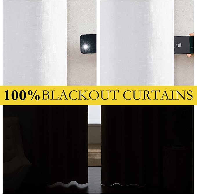NICETOWN 100% Absolutely Blackout Linen Curtains with Thermal Insulated White Liner, White, W62, 2 Pieces, Noise Reducing Textured Linen Look Curtains for Windows 108 inch Length for Classroom