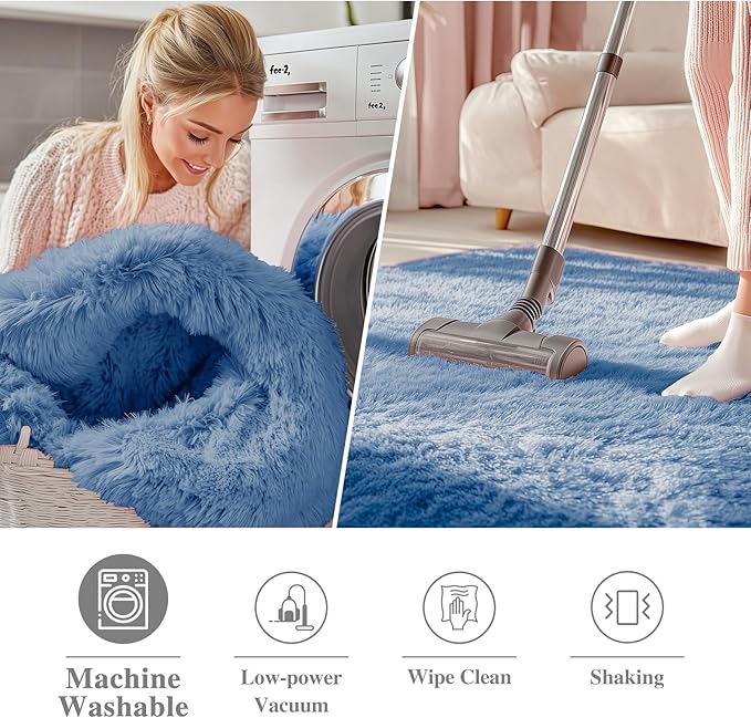 OLANLY Blue Round Rugs for Bedroom - Machine Washable, 7 ft Circle Area Rugs for Living Room, Soft and Fluffy Shaggy Carpet for Teen Girl and Boys, Nursery Rooms, Dorms, Home Decor Aesthetic