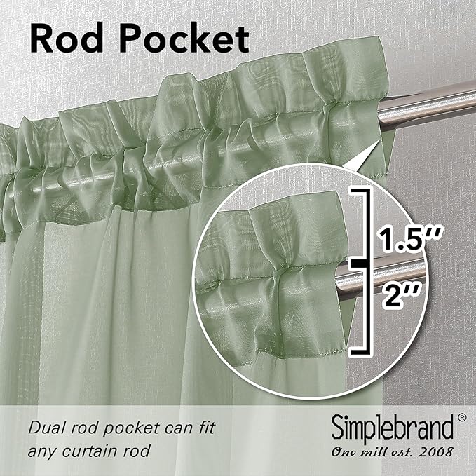 SimpleBrand Sage Short Sheer Drapes Half Window Curtains for Bathroom Small Windows, 42 X 36 Inch, 2 Panels