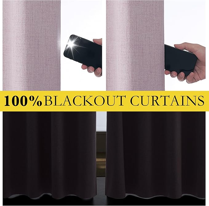 NICETOWN Pink Vintage Linen 100% Blackout Curtains for Living Room, Thermal Insulated Curtains 120" Long, Noise Reducing Window Treatment Drapes for Hall Room, 52" Wide Per Panel, Set of 2
