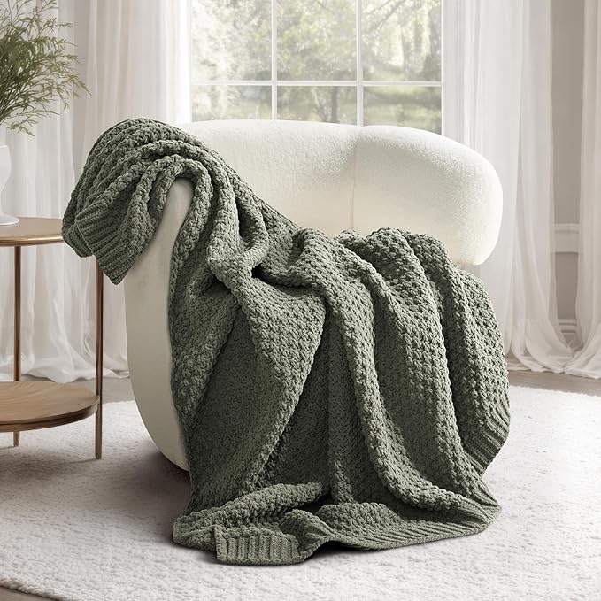 EVERGRACEHOME Chunky Chenille Knit Throw Blanket for Couch, Soft Luxurious Moss Stitch Blankets for Bed, Cozy Decorative Farmhouse Knitted Throws for Sofa, Dried Thyme Green, 50" x 60"