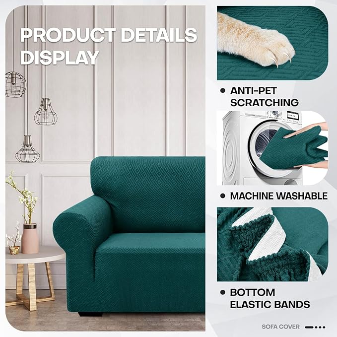 ZNSAYOTX 1 Piece Jacquard Couch Covers for 3 Cushion Couch Living Room High Stretch Sofa Cover Pet Dog Friendly Anti Slip Thickened Slipcovers Furniture Protector (Large, New Pattern Blackish Green)