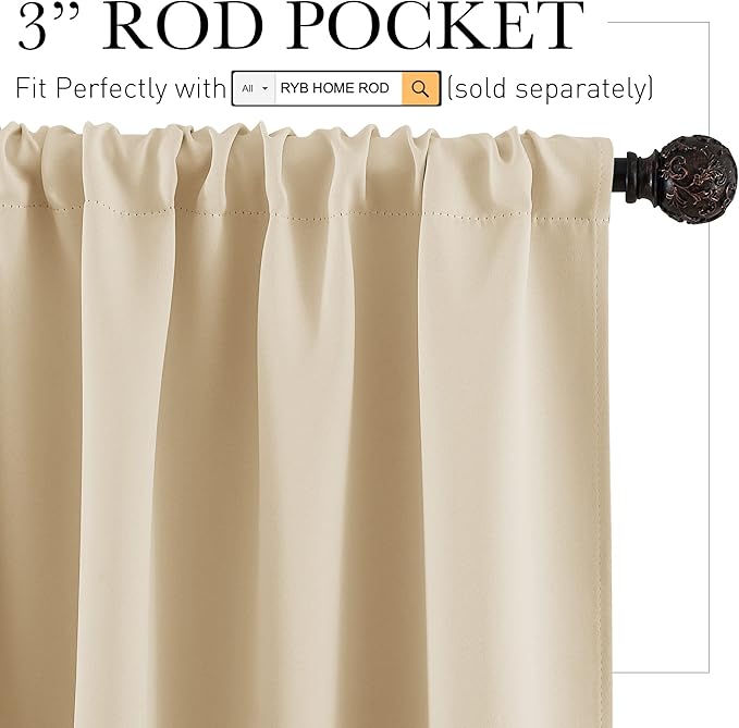 RYB HOME Curtains for Bedroom Living Room 72 inches Long, Thermal Insulated Privacy Rod Pocket Drapes for Nursery Office Home Theater, Width 42 by Length 72, Biscotti Beige, 2 Panels