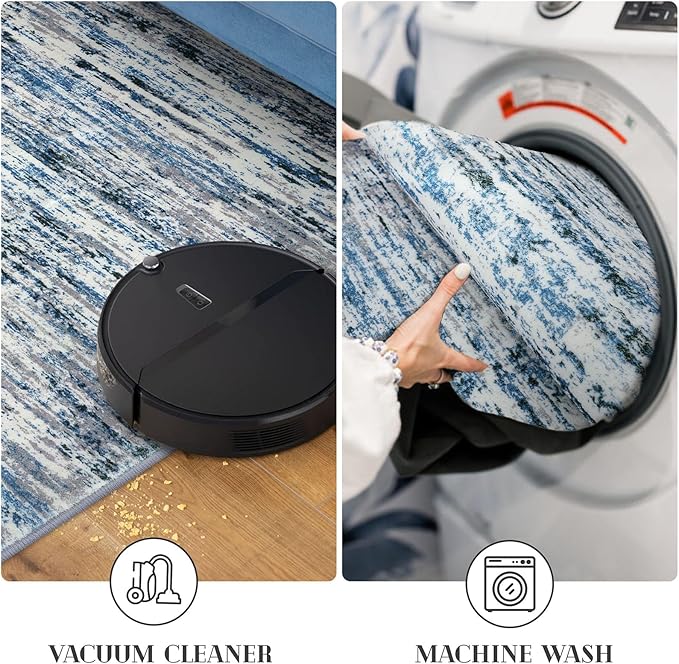 Lansny Modern Abstract Runner Rug 2.6x18, Grey Blue White Washable Long Kitchen Runner Non-Slip Soft Hallway Rug Runner Thin Print Faux Wool Carpet for Entryway Bedroom Laundry Room Indoor Home Decor