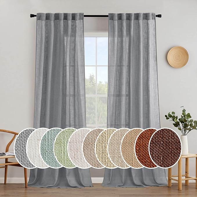 MIULEE Grey Linen Curtains 90 Inch Long for Bedroom Living Room, Soft Thick Linen Textured Window Drapes Gray Semi Sheer Light Filtering Back Tab Rod Pocket Burlap Look Decor, 2 Panels