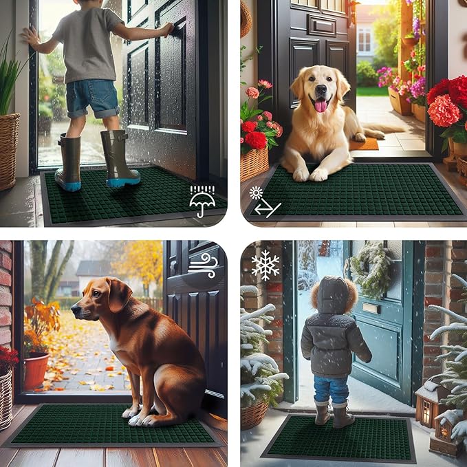 Smiry Front Door Mat Outside Entrance, Heavy Duty Natural Rubber Doormat, Non Slip Trap Dirt and Moisture Easy Clean, Low Profile Welcome Floor Mats for Indoor Outdoor Entry, 29.5x17 Inch, Black Green
