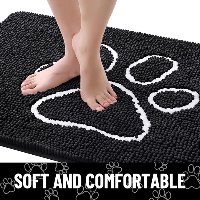 Smiry Dog Door Mat for Muddy Paws, Absorbent Dirt Trapper Non Slip Quick Dry Washable Chenille Mat for Mud Dogs, Entry Rug for Indoor and Outdoor (59x20 Inches, Black and White)