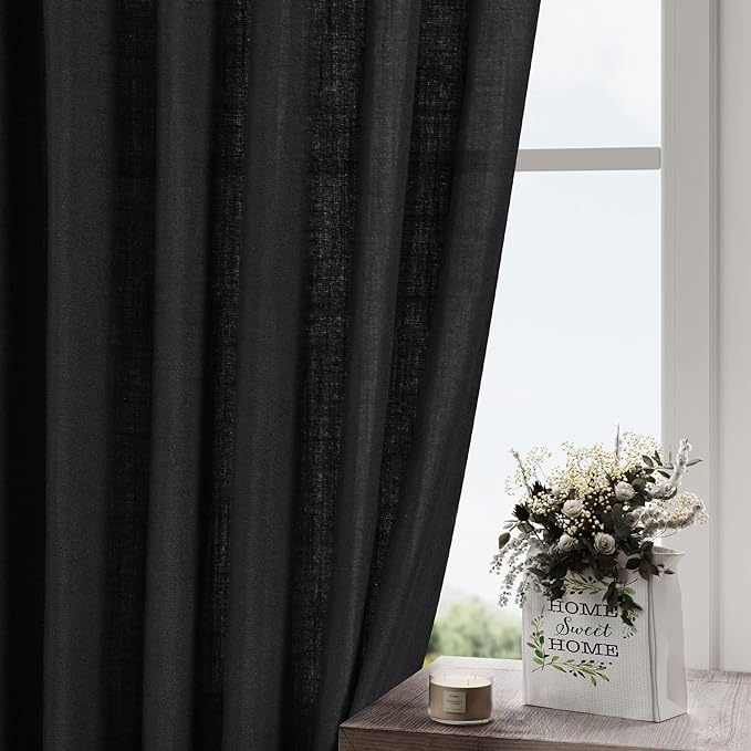 Nanspring Black Linen Textured Curtains for Living Room 60 Inches Long 2 Panels Set Back Tab Rod Pocket for Bedroom Kitchen Short Semi Sheer Light Filtering Protect Privacy Window Drapes W52xL60
