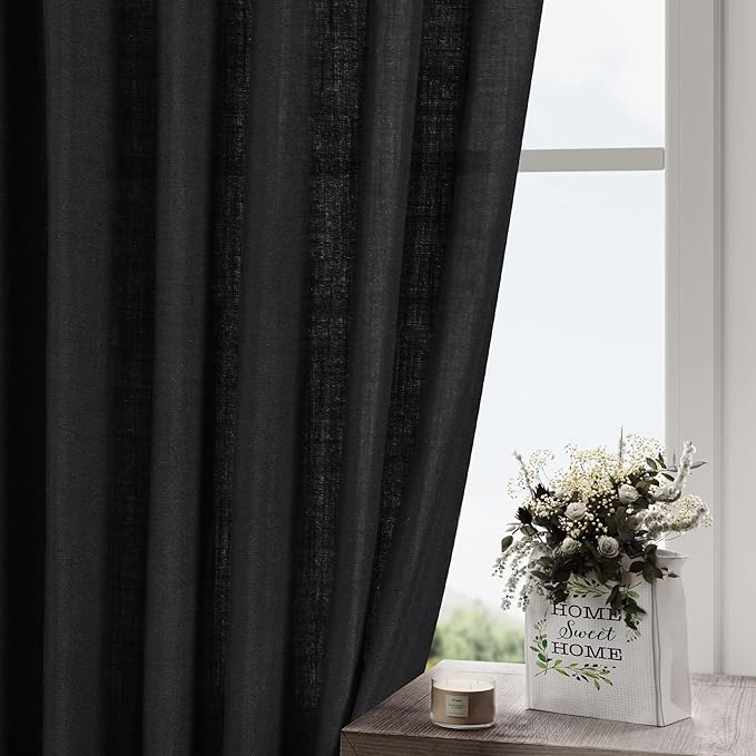 Black Linen Blend Drapes 84 Inch Length 2 Panels Set Back Tab Rod Pocket Light Filtering Privacy Semi Sheer Textured Vertical Curtains Boho Farmhouse Decor Curtains for Living Room Bedroom 40x84