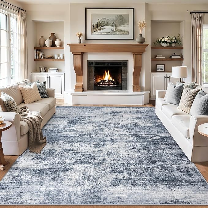 Area Rugs 10x14 Living Room - Washable Rug Modern Abstract Soft Large Neutral Non-Slip Carpet Indoor Floor Thin Carpets for Bedroom Dining Room Farmhouse Nursery Home Office Grey Blue