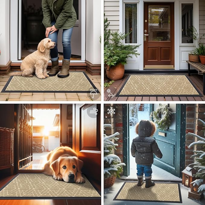 Smiry Front Door Mat Outside Entrance, Heavy Duty Sturdy Natural Rubber Doormat, Trap Dirt and Moisture, Easy Clean Low Profile Mats for Indoor Outdoor Entry, Grid Geometric (47x23, Beige)