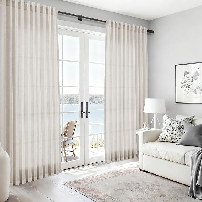 Nanspring Pearl White Linen Curtains 102 Inches Long for Living Room Light Filtering Semi Sheer Curtain Back Tab Coastal Decor Floor to Ceiling Modern Drapes for Bedroom Office 52x102, 2 Panels