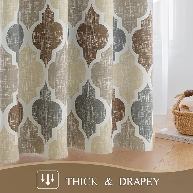 Beauoop 100% Blackout Curtains 90 Inches Long 2 Panels for Bedroom Living Room Brown Grey Moroccan Geo Room Darkening Thermal Insulated Soundproof Grommet Top Window Treatments Drapes, 50x90 Set of 2