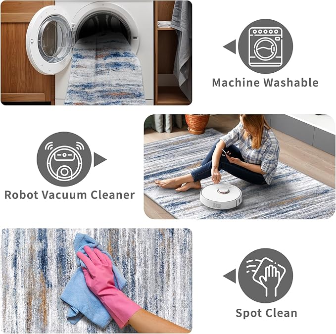 5x12 Runner Rug for Wide Hallway: Long Washable Runners for Entryway Living Room Dining Room - Stain and Water Resistant Rugs with Non-Slip Backing - Soft Low-Pile Carpet Navy Grey