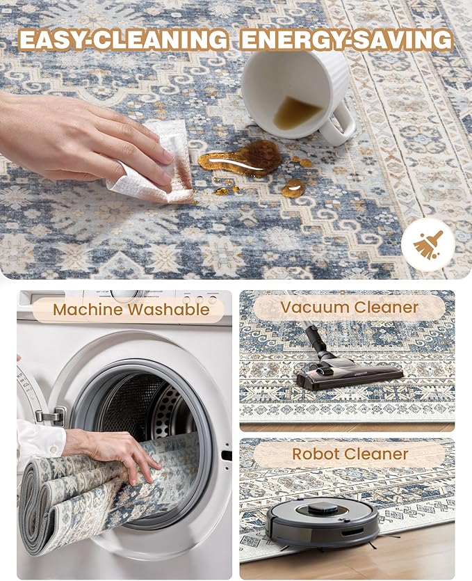 Washable Runner Rug 2.5x16, Non-Slip Long Kitchen Mats for Floor, Vintage Rug for Entryway, Soft Hallway Runner for Dining Room, Bedroom, Living Room(Blue/Beige,2.5'x16')