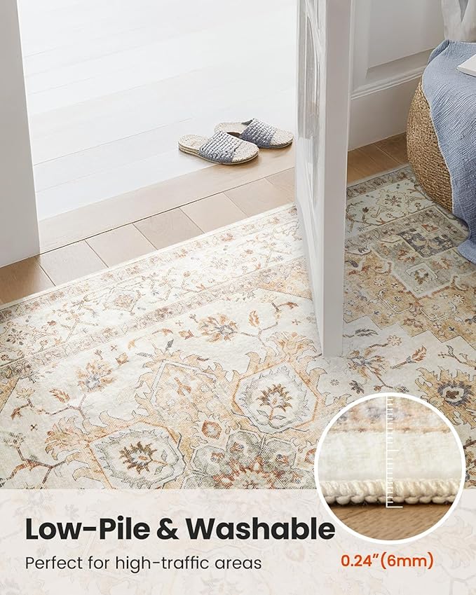 AMADA HOMEFURNISHING Round 4ft Area Rugs, Low-Profile Washable Rug with Non-Slip Backing & Durable Edge Binding, Vintage Rugs for Living Room, Bedroom, Dinning Room