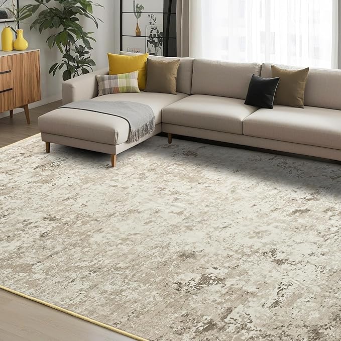 Toneed Abstract Area Rug 7x9 Modern Washable Rug Soft Non Slip Rug Low Pile for Bedroom Living Room Dining Room Beige