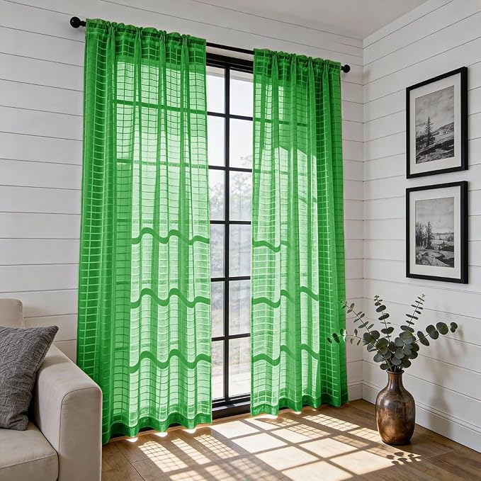 SpaceDresser Check Sheer Curtains 72 Inches 2 Panels Set, Rod Pocket Plaid Window Curtain for Living Room, Green Semi Sheer Drapes for Kitchen Bedroom Children Room Yard（Green, 52W x 72L）