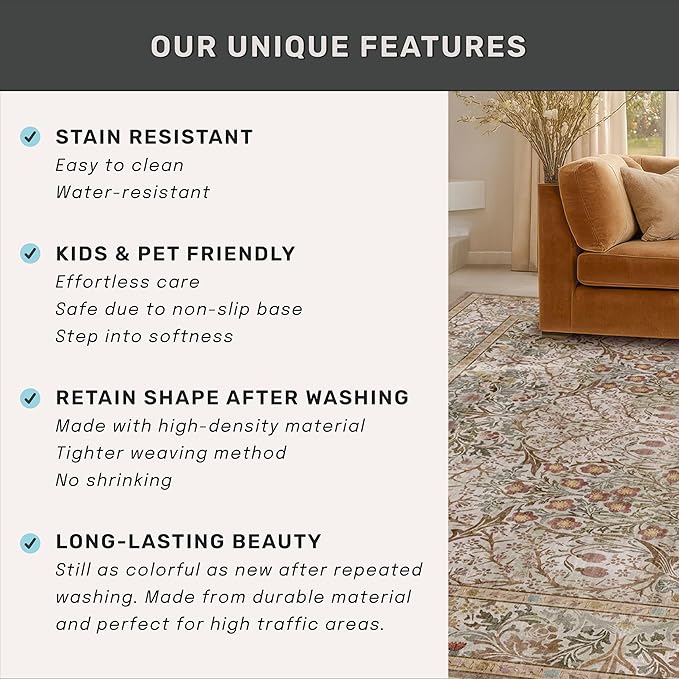 Hazo Haus Non Slip 2x10 Moss Green Hallway Runner - 10ft Long Runner Rugs, Washable Kitchen Floor Mat - Vintage Brown Taupe Neutral Floral Design Décor
