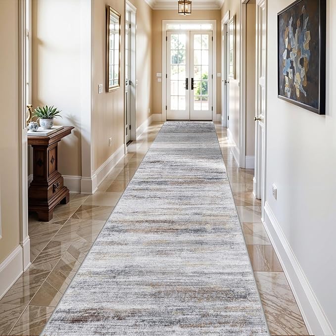 Washable Hallway Runner Rug for Home: Extra Long Runners for Entryway Living Room Dining Room - Stain and Water Resistant Rugs with Non-Slip Backing - Soft Low-Pile Carpet 2'6''x14' Beige Grey