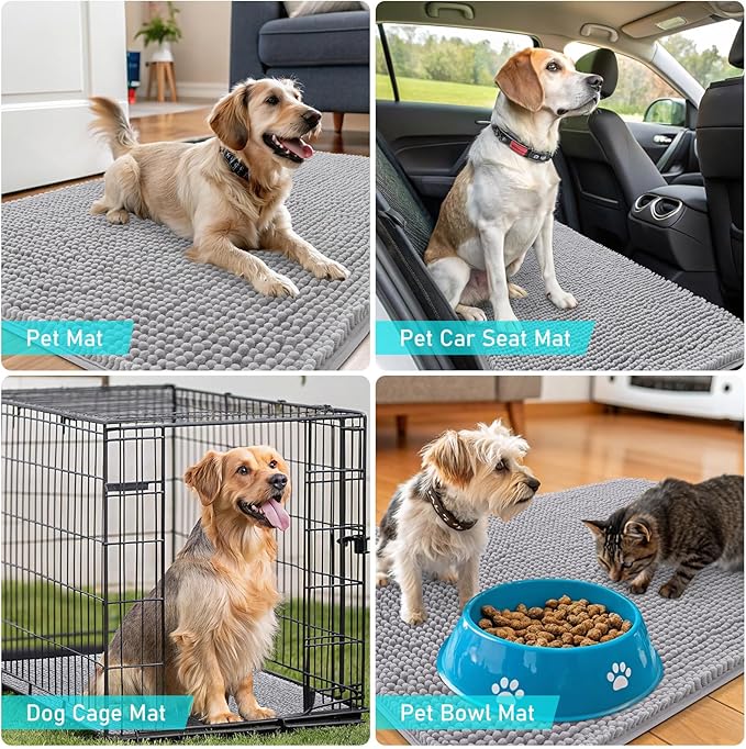 OLANLY Dog Door Mat for Muddy Paws 40x32, Absorbs Moisture and Dirt, Absorbent Non-Slip Washable Doormat, Quick Dry Chenille Mud Mat for Dogs, Entry Indoor Entryway Carpet for Inside Floor, Light Grey
