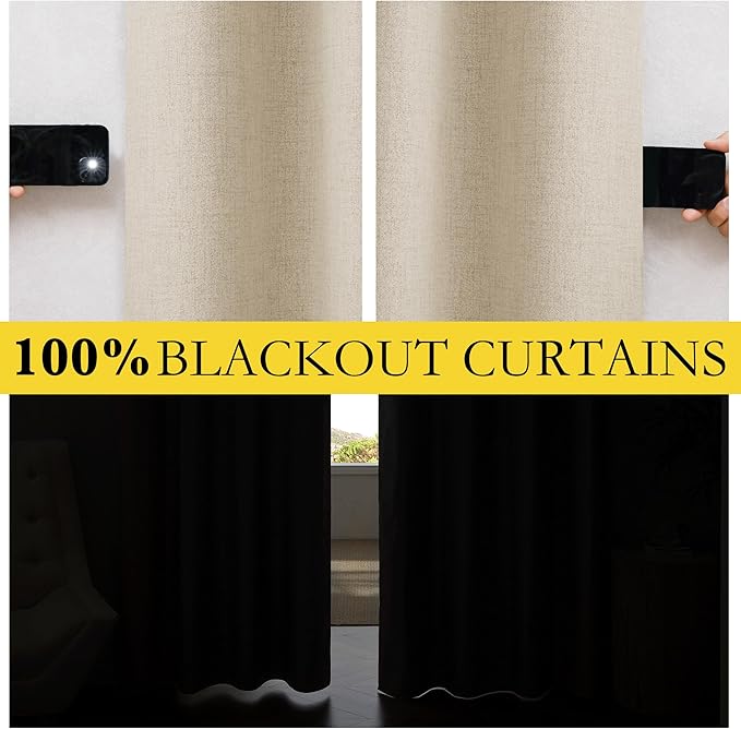 NICETOWN Cream 100% Blackout Linen Curtains 84 inch Long Burg for Living Room, 1 Pair, 52" Width Each Panel, Farmhouse Thick Completely Blackout Window Treatment Thermal Insulated Drapes