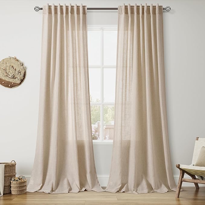 Grey Flax Linen Curtains for Living Room 120 Inches Long Light Filtering Mordern Boho Sheer Curtains Back Tab and Rod Pocket Extra Long Floor to Ceiling Curtain for Bedroom Office 52x120, 2 Panels